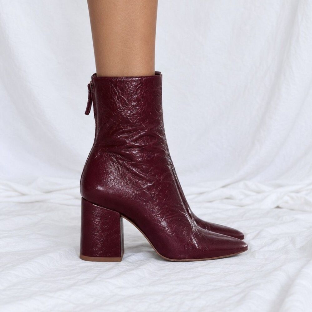Zara Red Burgundy Leather Ankle Boots Size 6 Block Heel Square Toe Chic Retro
